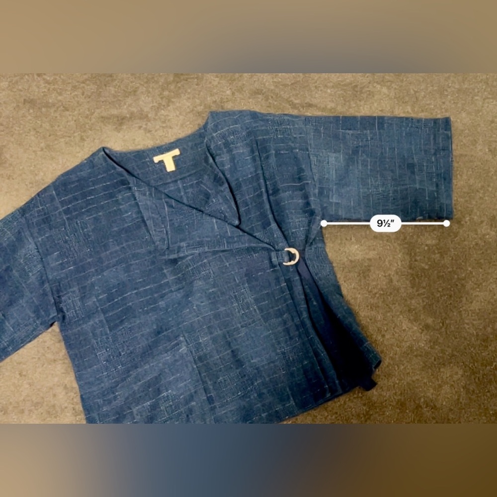 Eileen Fisher Blue Linen Asian Wrap Top with Ring Closure Detail - Picture 4 of 8